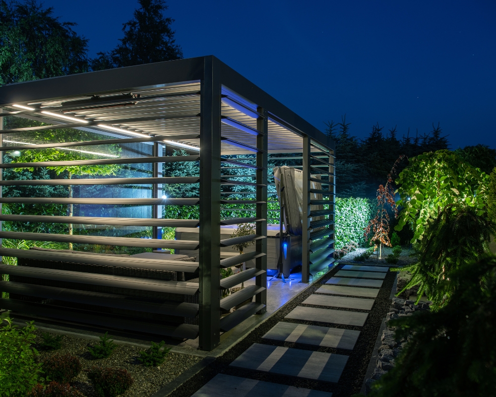 Modern seating and hot tub area in narrow garden