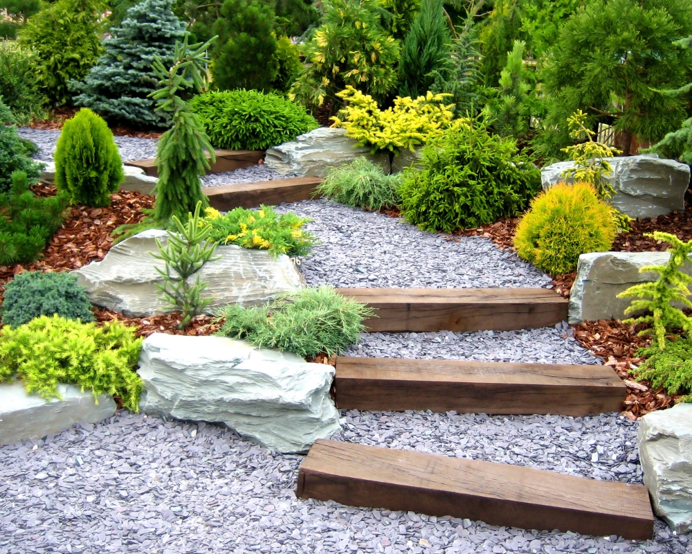 Sleeper steps around a rockery garden with green plants