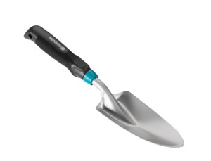 A silver Gardena comfort hand trowel with black handle
