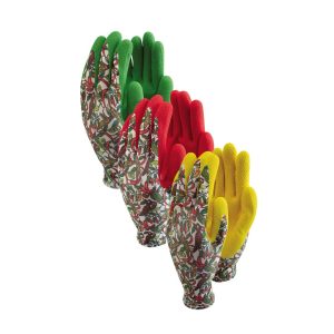 A trio set of Town & Country patterened gardening gloves in a choice of green, red or yellow.