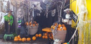 Pumpkins scattered throughout a halloween scene with a witch and other creepy creatures
