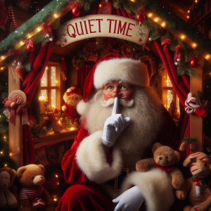 Santa with fingers on his lips beneath a Quiet Time sign